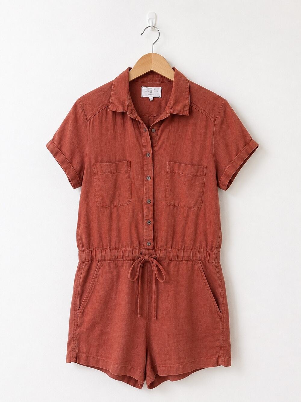 Lou & Grey 100% Linen Utility Romper XS Rust Terracotta
